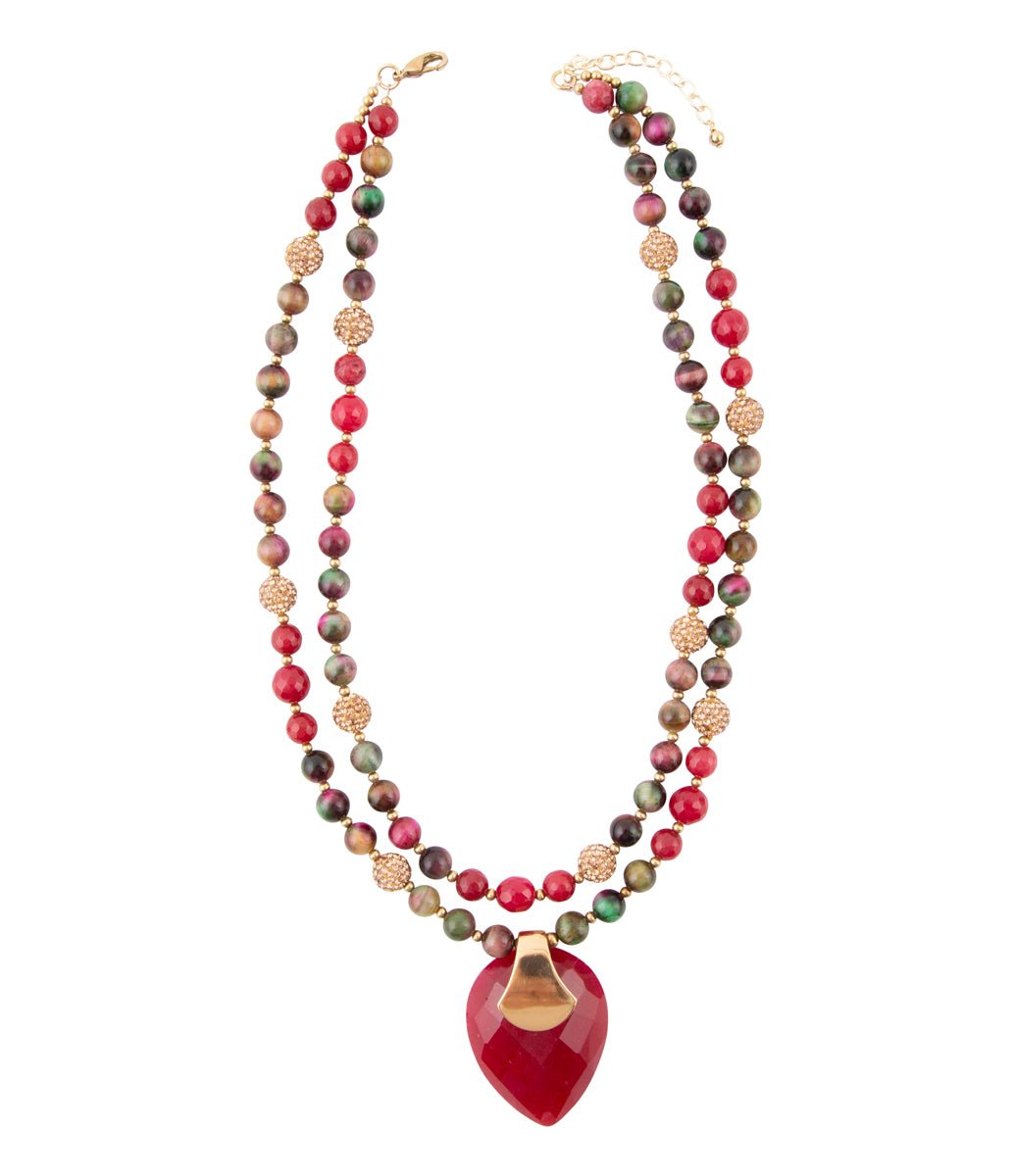 Jeweled Multi-Color Tiger's Eye and Rasberry Quartz Pendant Golden Necklace