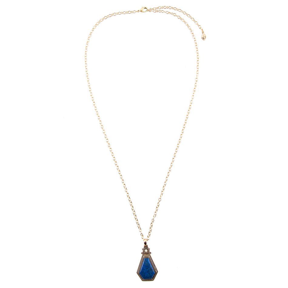 Blue Lapis Golden Elongated Pendant Necklace