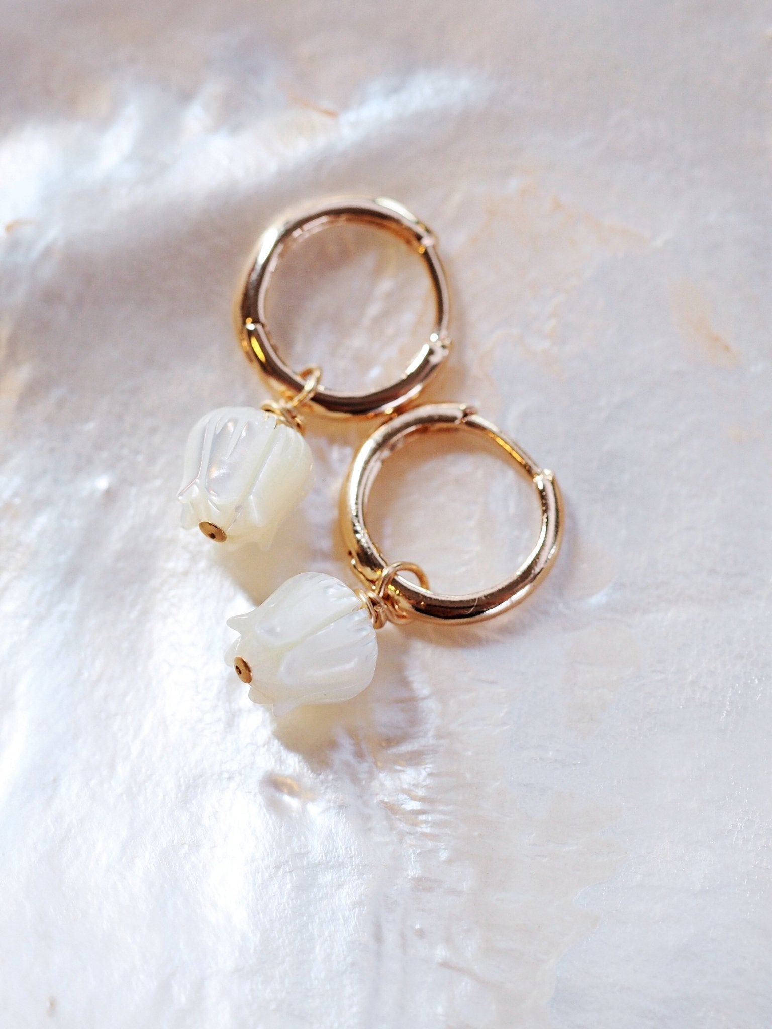Gold Mother of Pearl Flower Lei Charm Huggie Hoop Earrings - Lei