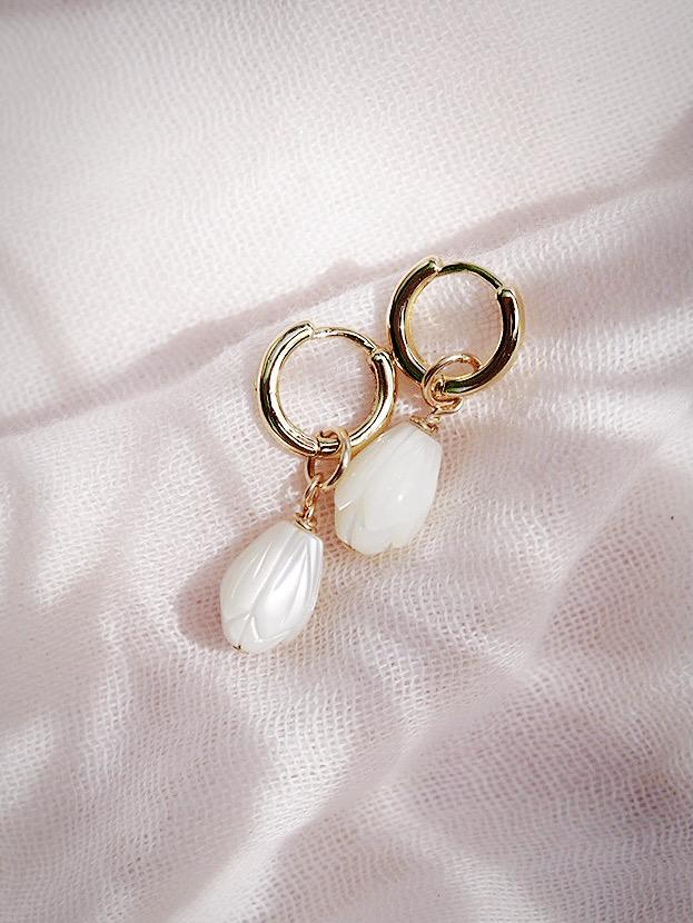 Gold Mother of Pearl Flower Lei Charm Huggie Hoop Earrings - Lei