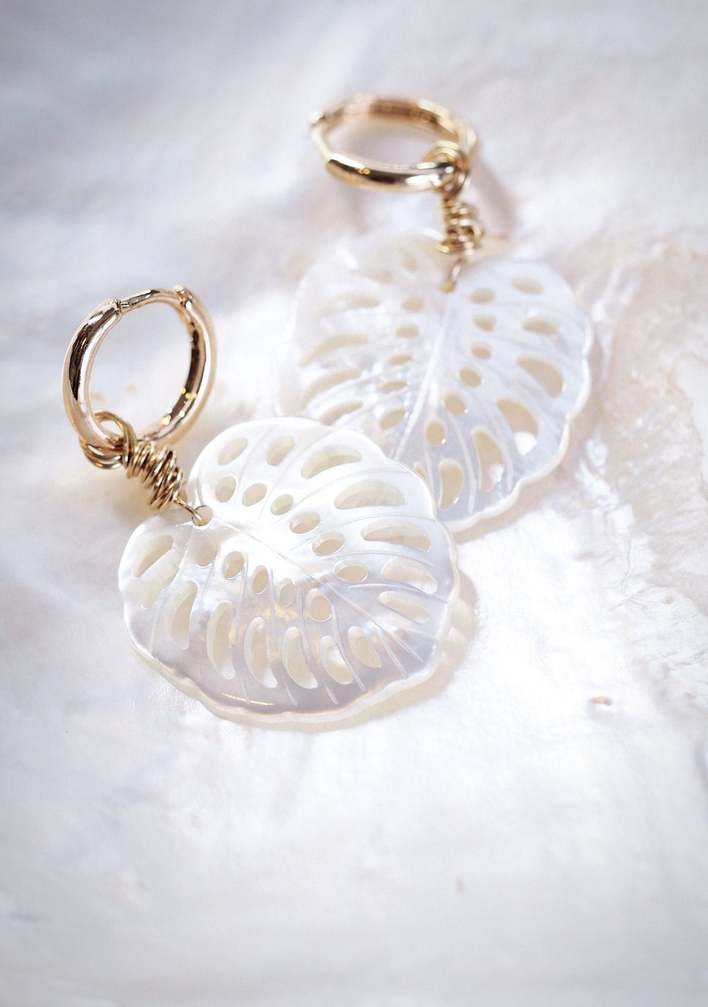 Mother of Pearl and Gold Wrapped Monstera Charm Huggie Hoop Earrings - Hula