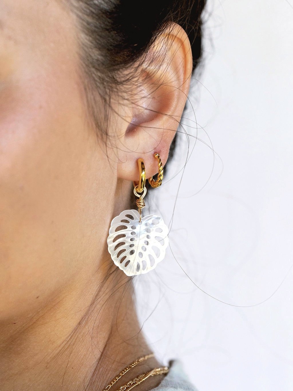Mother of Pearl and Gold Wrapped Monstera Charm Huggie Hoop Earrings - Hula