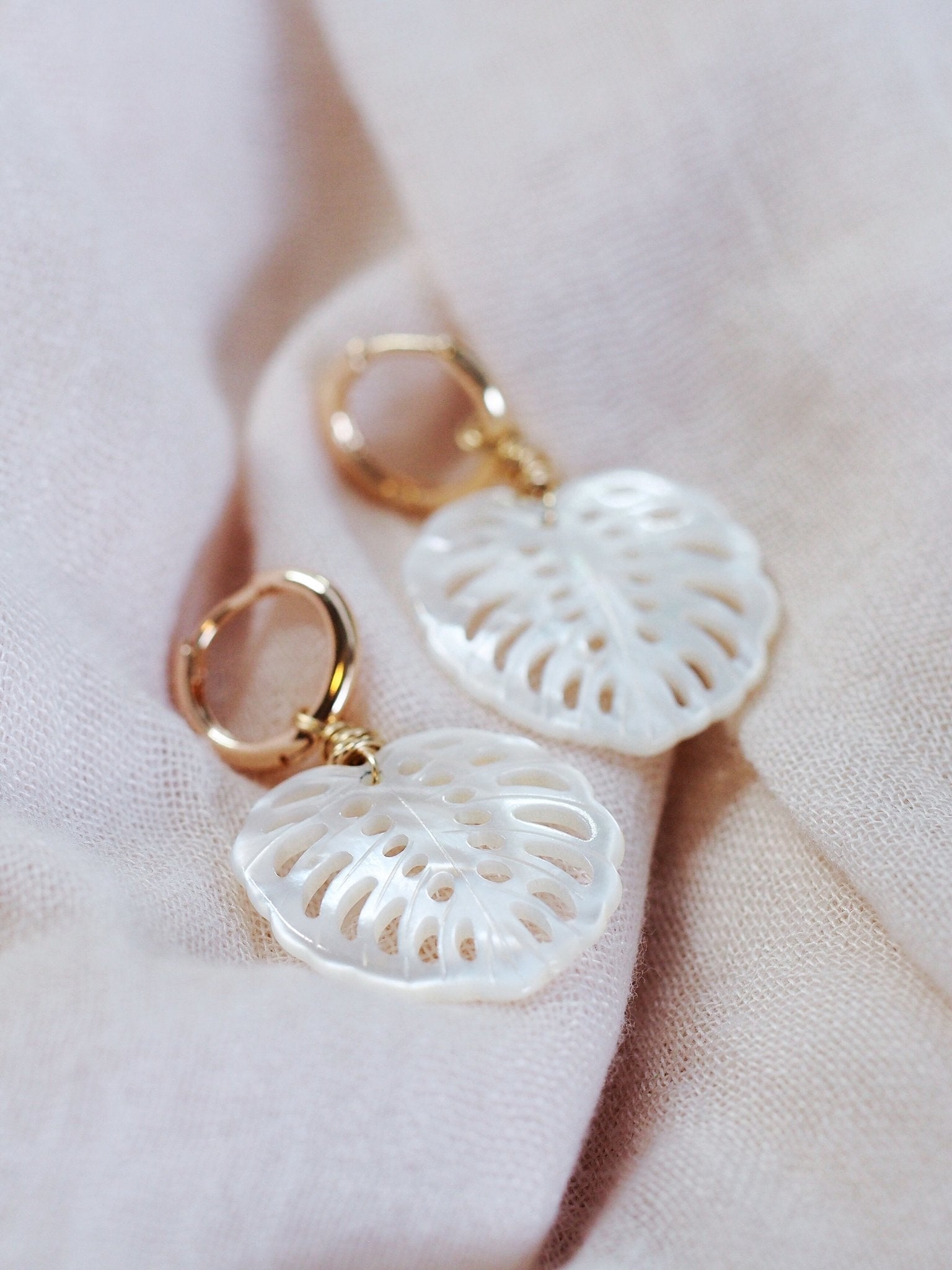 Mother of Pearl and Gold Wrapped Monstera Charm Huggie Hoop Earrings - Hula