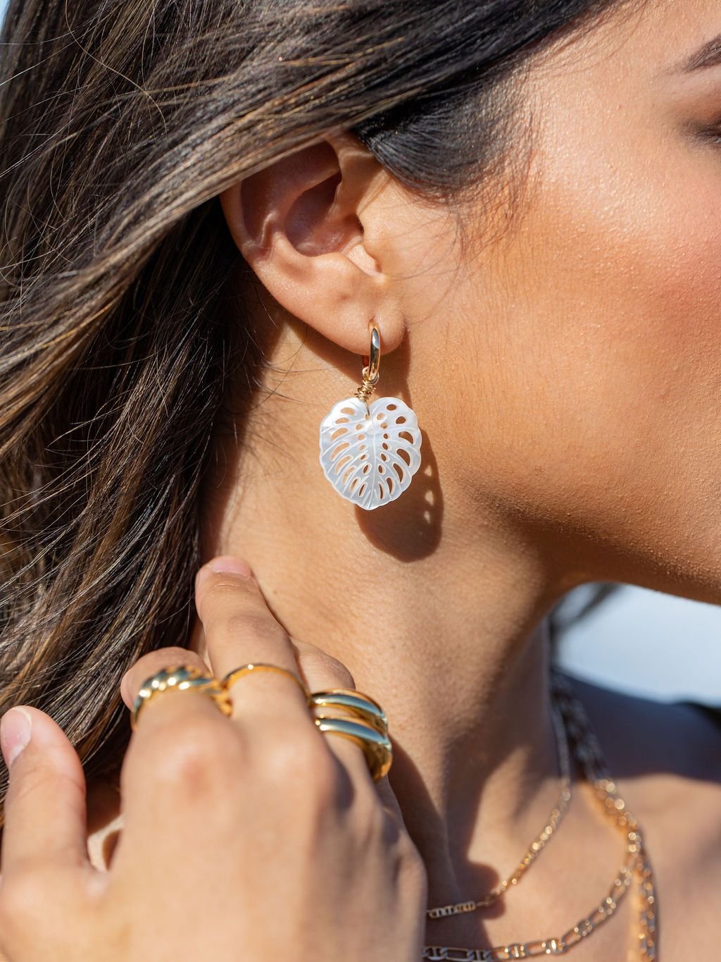 Mother of Pearl and Gold Wrapped Monstera Charm Huggie Hoop Earrings - Hula