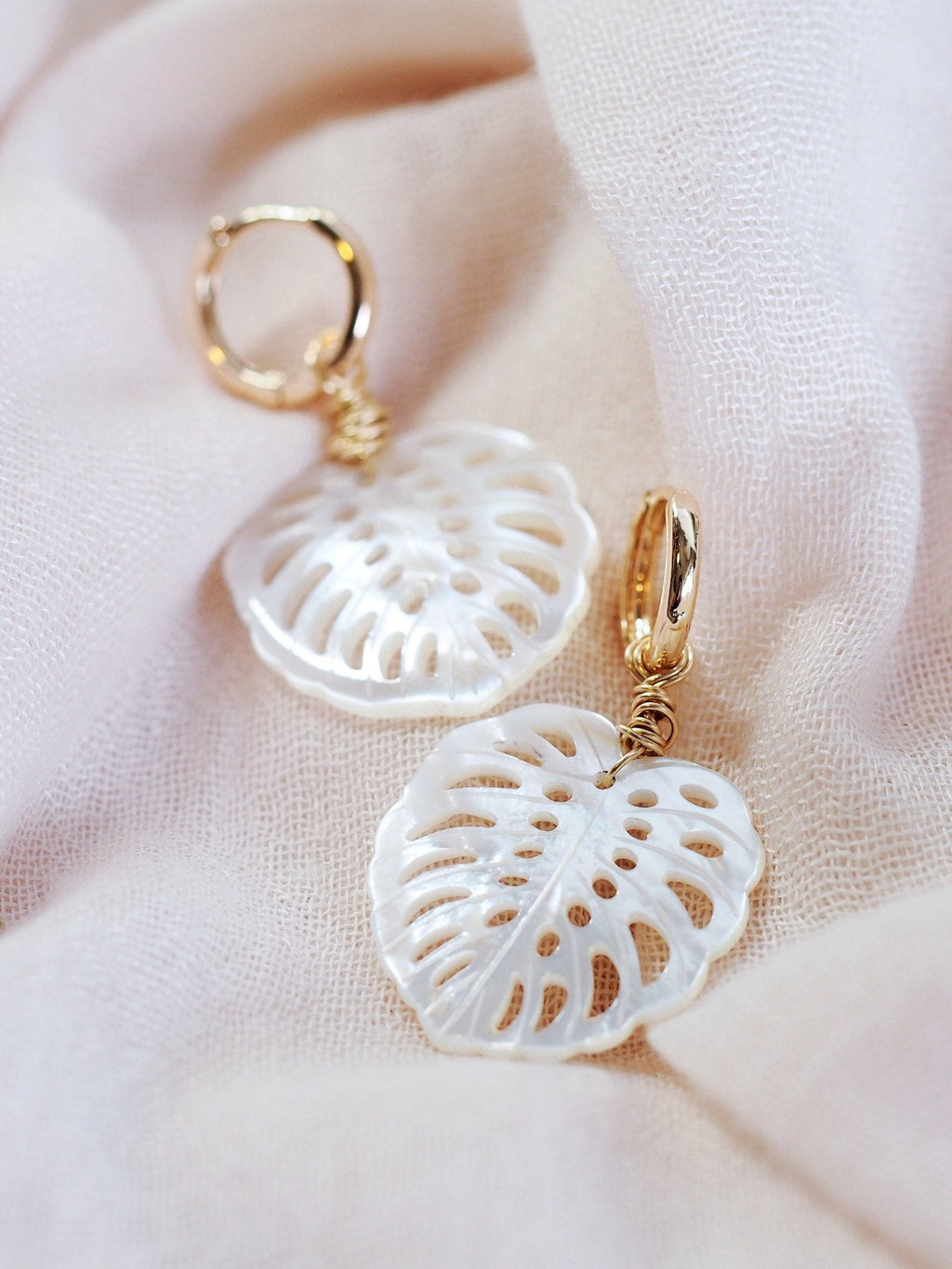 Mother of Pearl and Gold Wrapped Monstera Charm Huggie Hoop Earrings - Hula