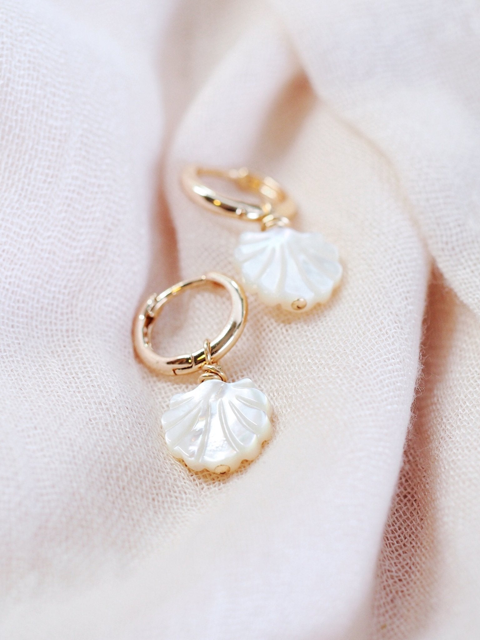 Gold Mother of Pearl Shell Charm Huggie Hoop Earrings - Lanikai