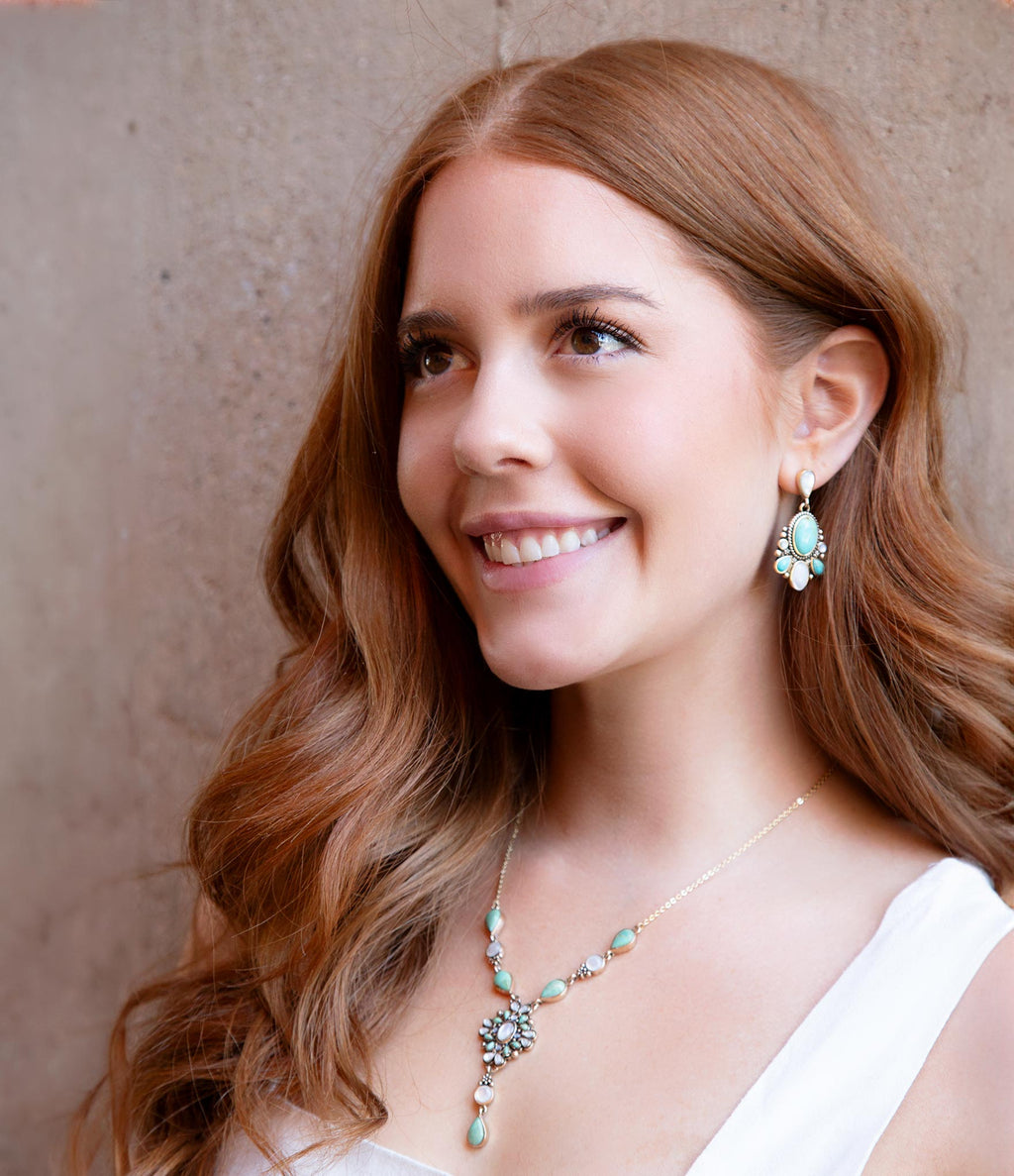 White Mother of Pearl and Blue Turquoise Golden Barcelona Y-Necklace