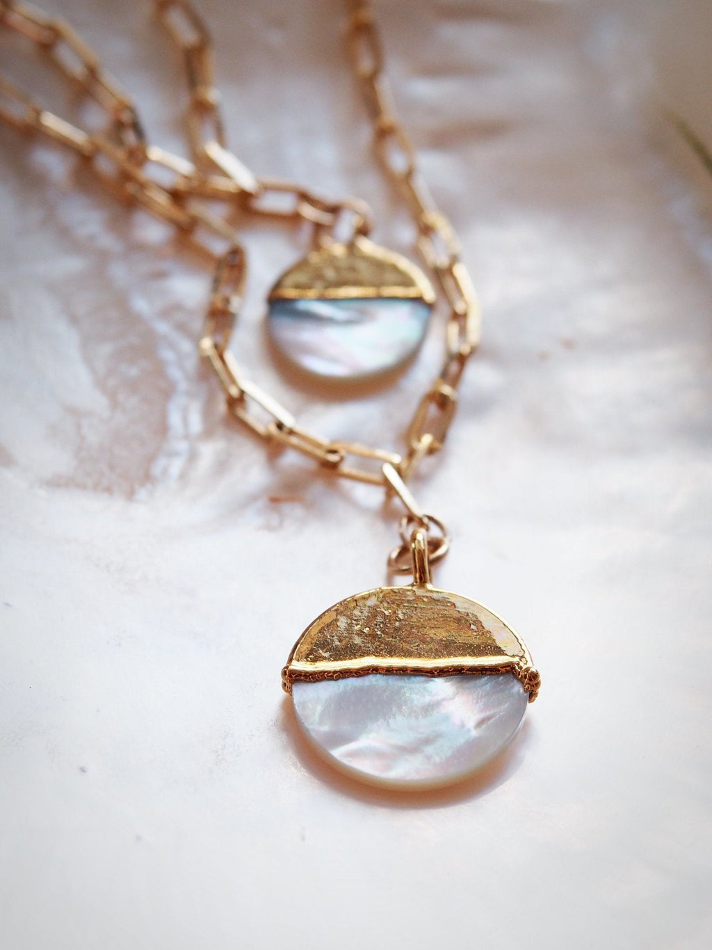 Mother of Pearl Gold Filled Coin Charm Necklace - Leimomi