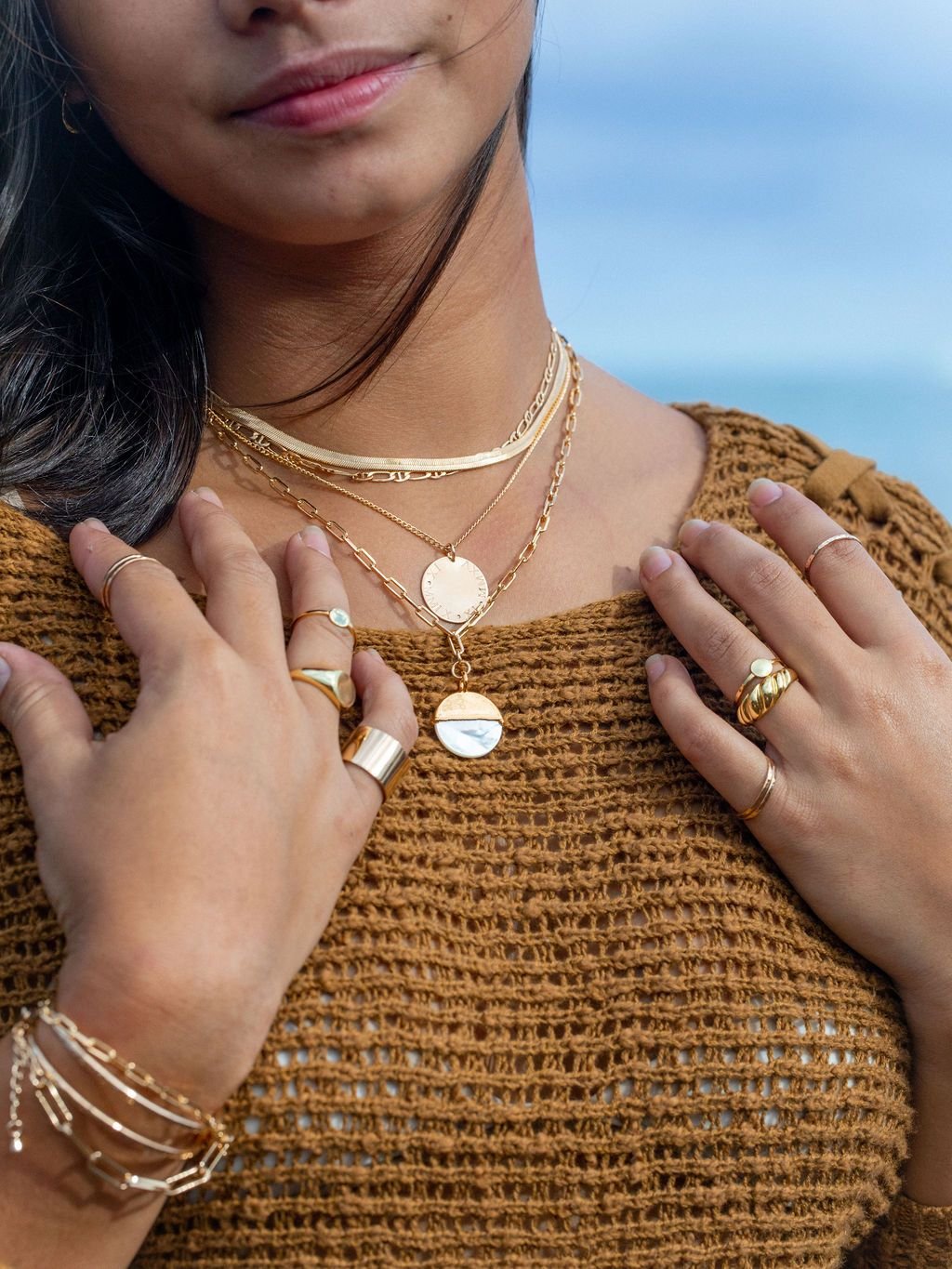 Mother of Pearl Gold Filled Coin Charm Necklace - Leimomi