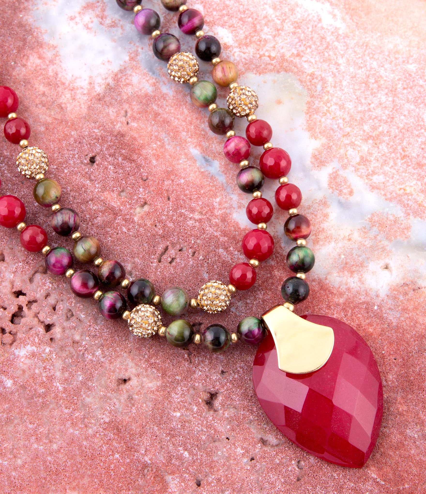 Jeweled Multi-Color Tiger's Eye and Rasberry Quartz Pendant Golden Necklace