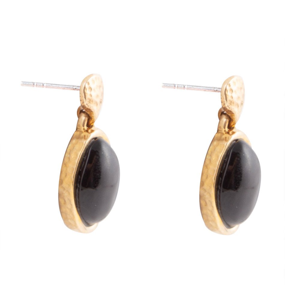 Black Onyx Hammered Post Drop Golden Earrings