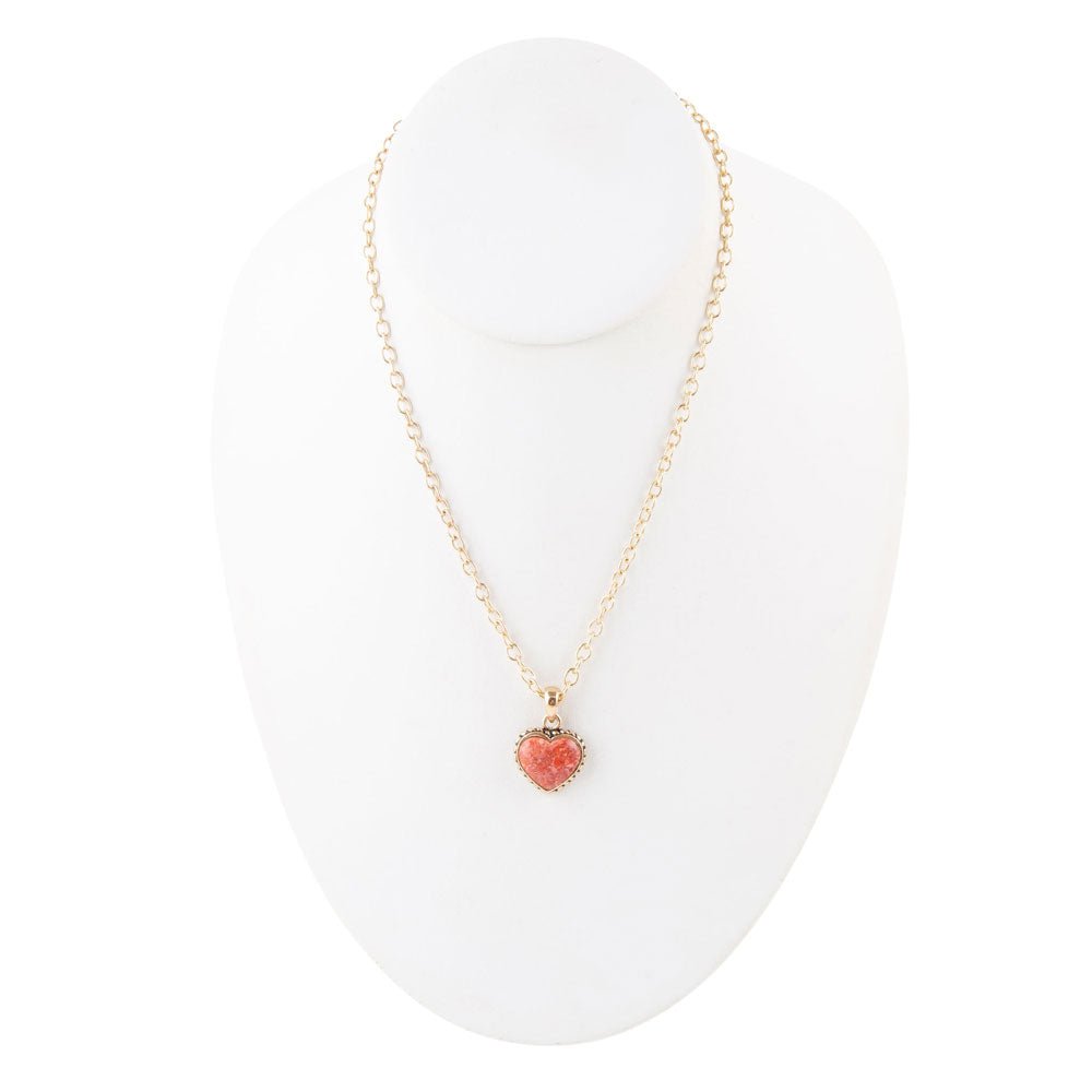Orange Sponge Coral Heart Pendant and Golden Bronze Necklace