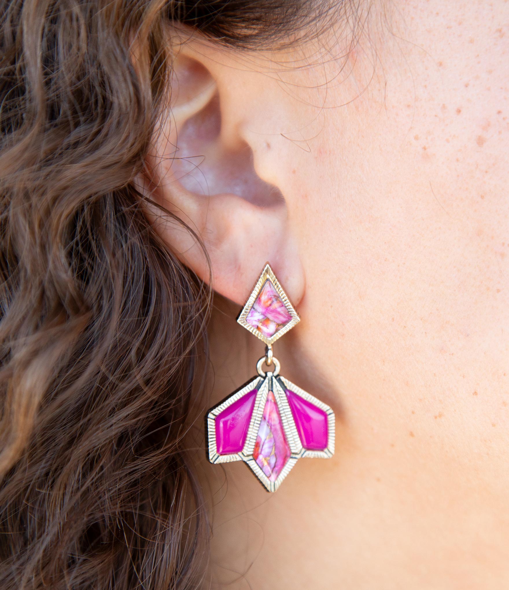 Pink Agate and Shell Matrix Golden Statement Earrings