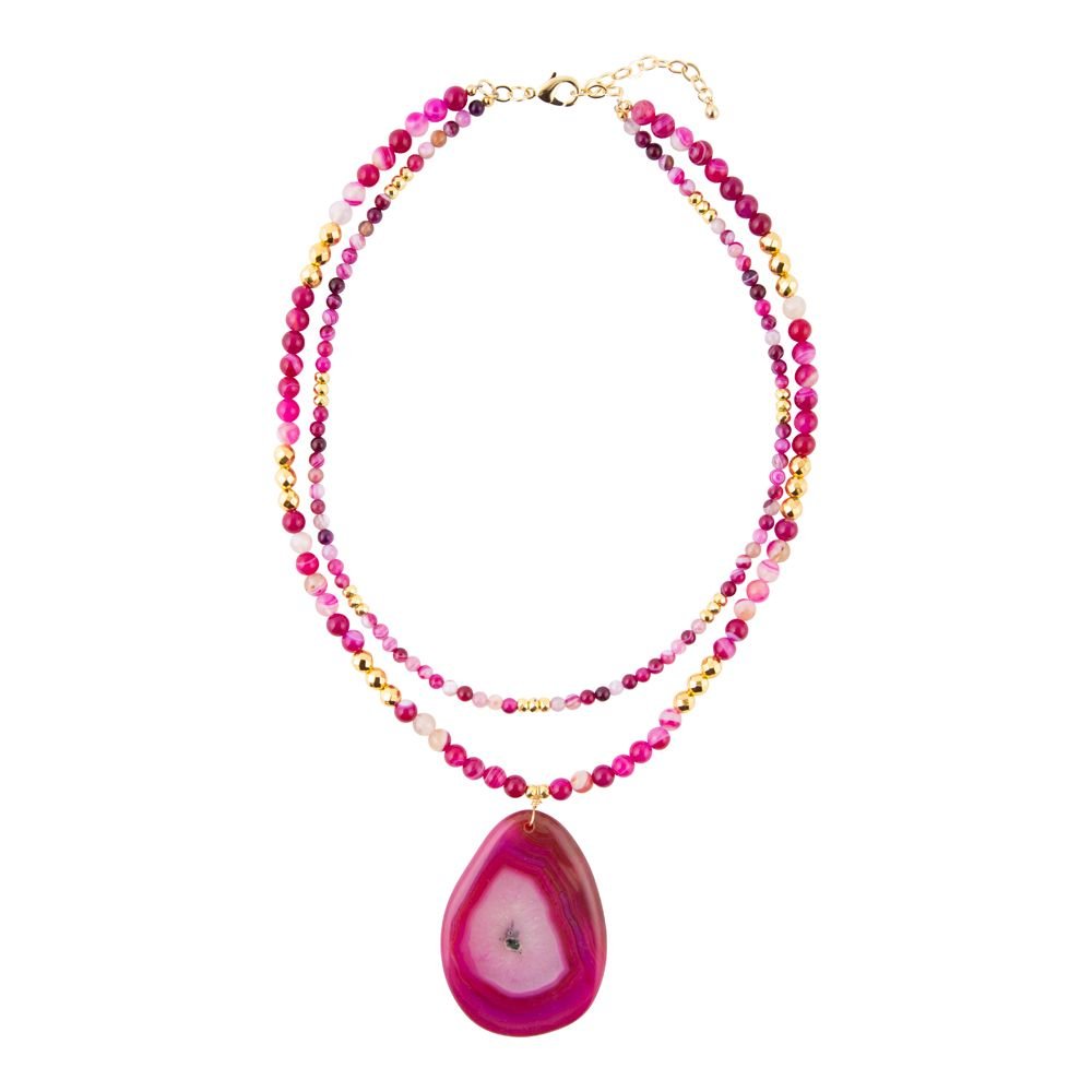 Pink Agate Golden Pendant Necklace