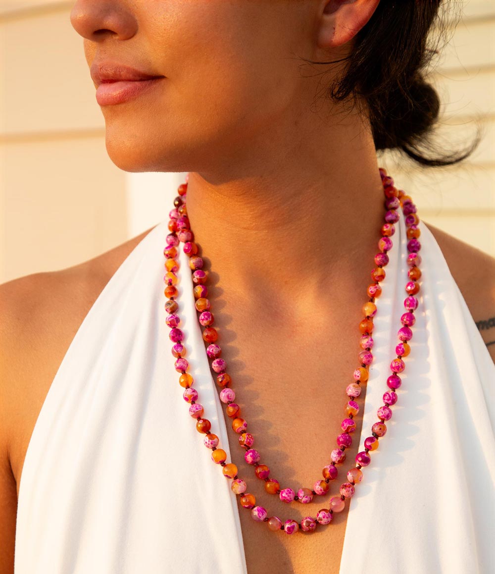 Pink Agate Knotted Long Necklace