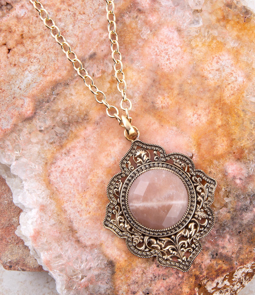Pink Moonstone Golden Pendant Necklace