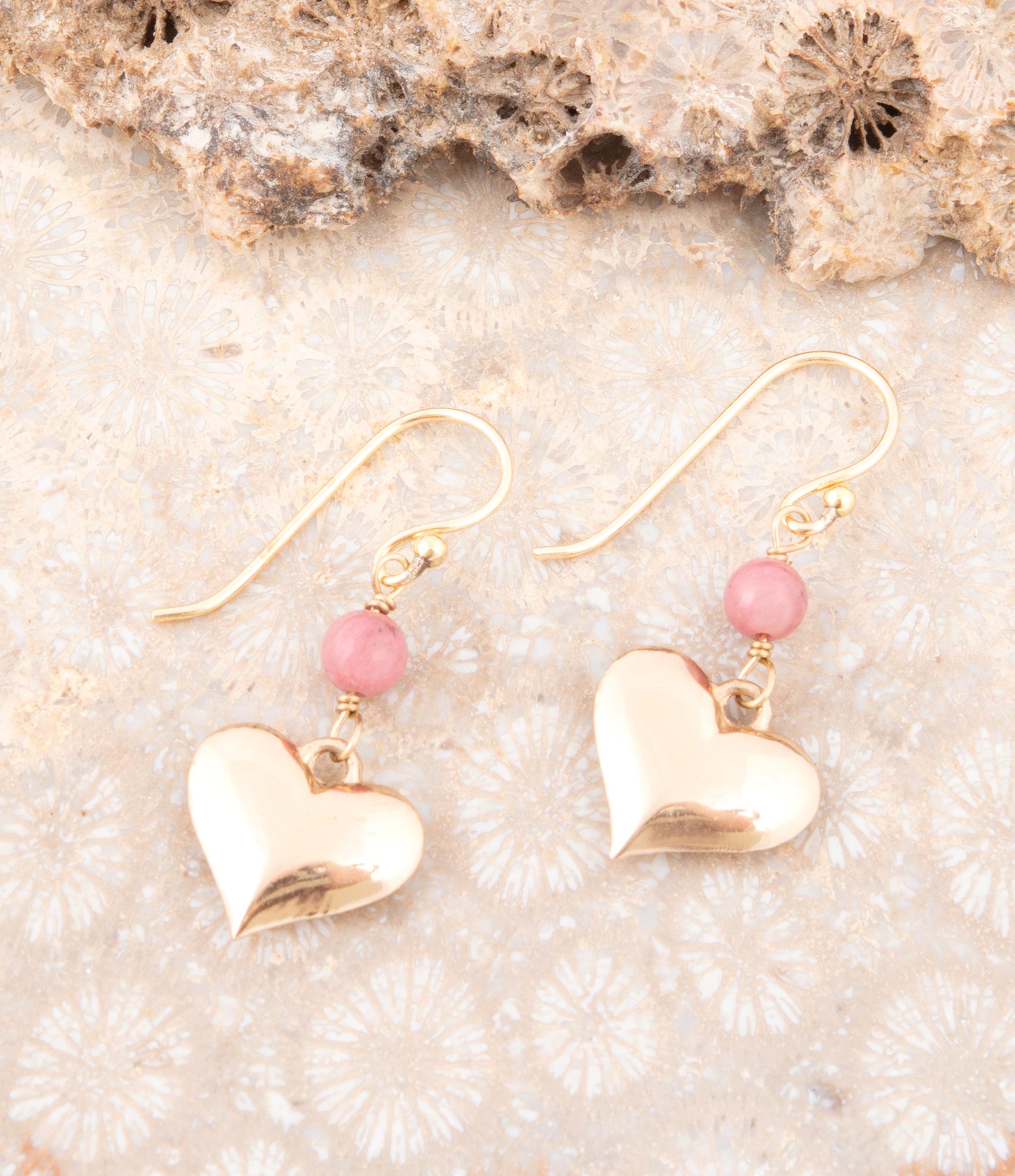 Pink Rhodonite and Golden Bronze Heart Charm Earrings