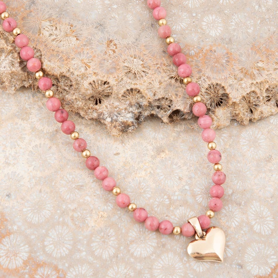 Pink Rhodonite and Golden Bronze Heart Pendant Necklace