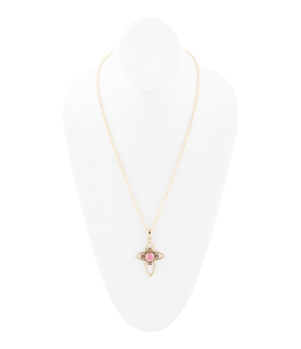 Pink Rhodonite Golden Cross Pendant Necklace
