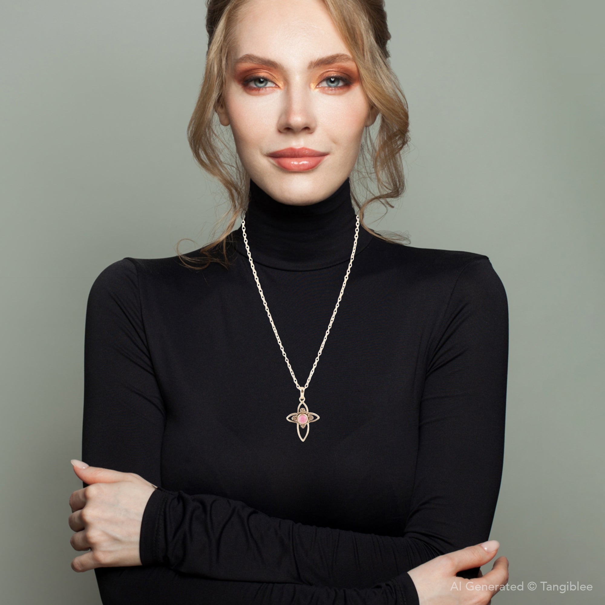 Pink Rhodonite Golden Cross Pendant Necklace