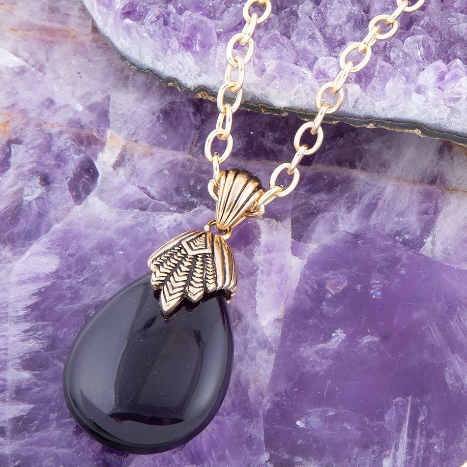 Purple Quartz Teardrop Golden Pendant Necklace