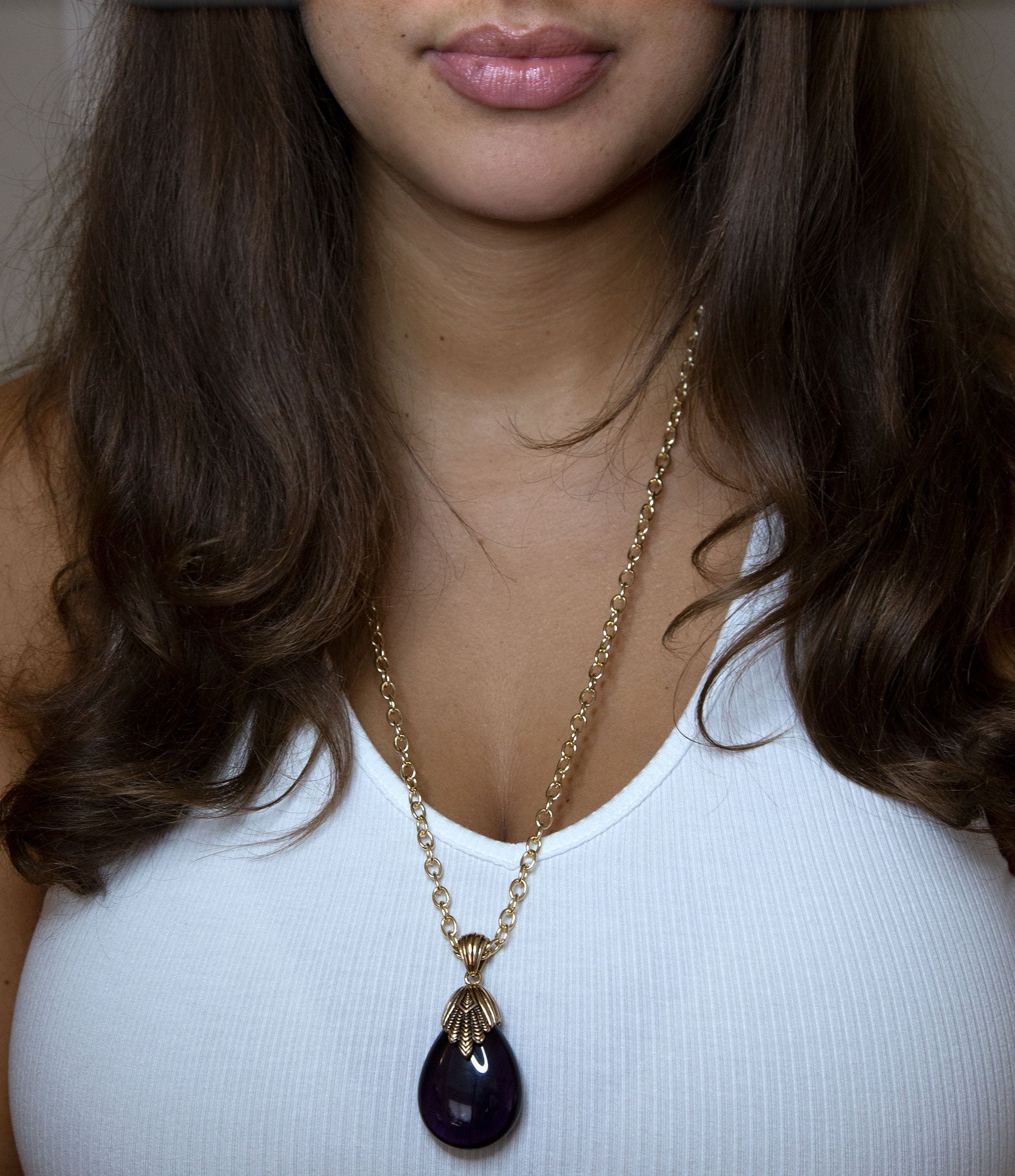 Purple Quartz Teardrop Golden Pendant Necklace