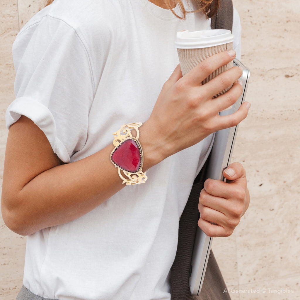 Red Bordeaux Quartz Golden Statement Cuff Bracelet
