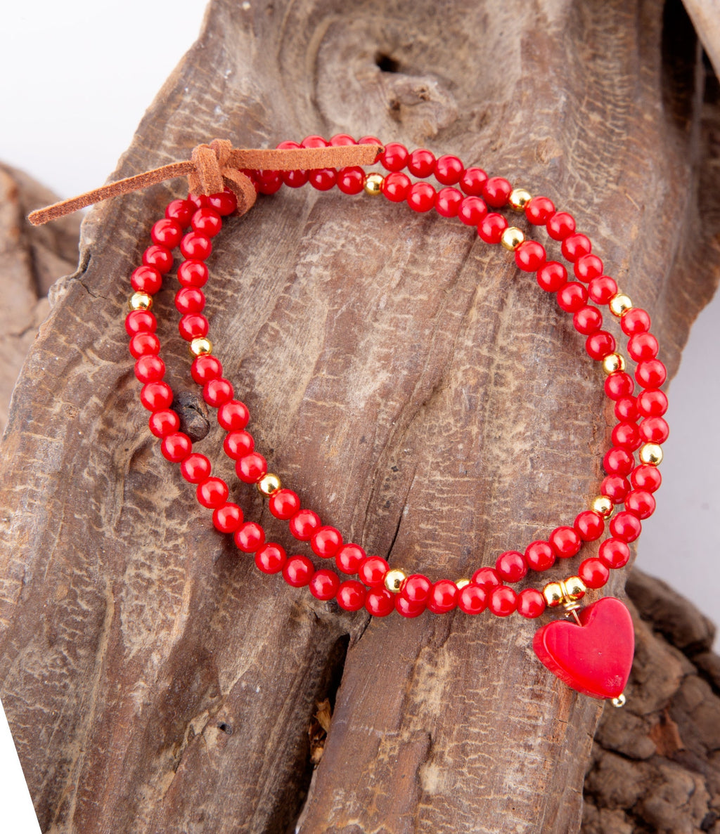 Red Coral Hart Golden Stretch Bracelet Set