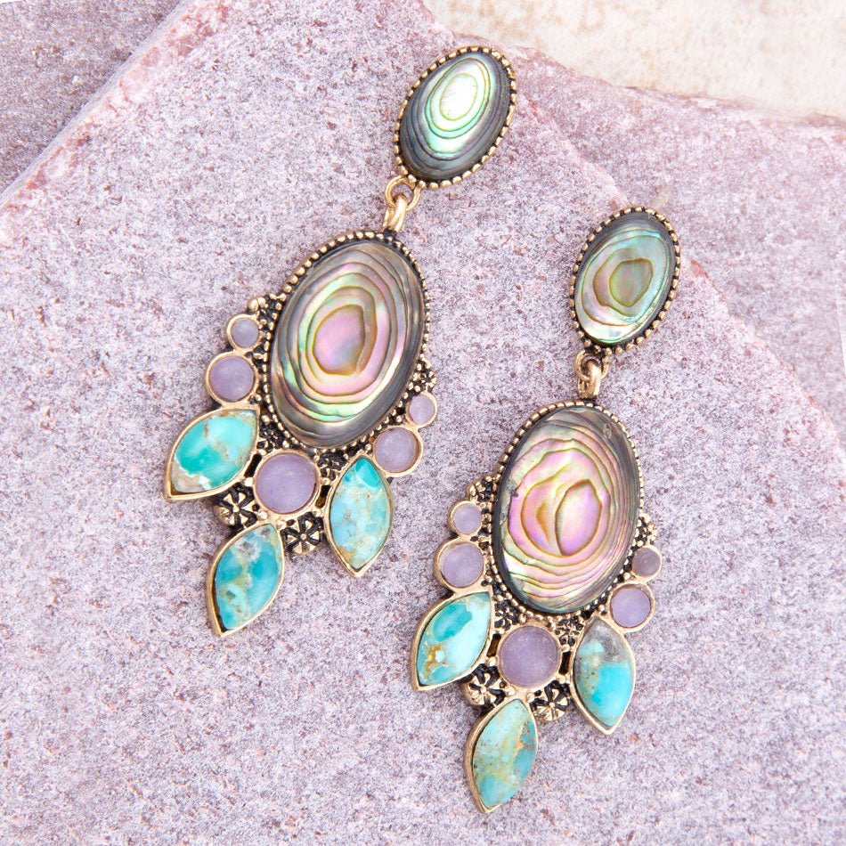 Regal Blue Abalone Mixed Stone Golden Statement Drop Earrings