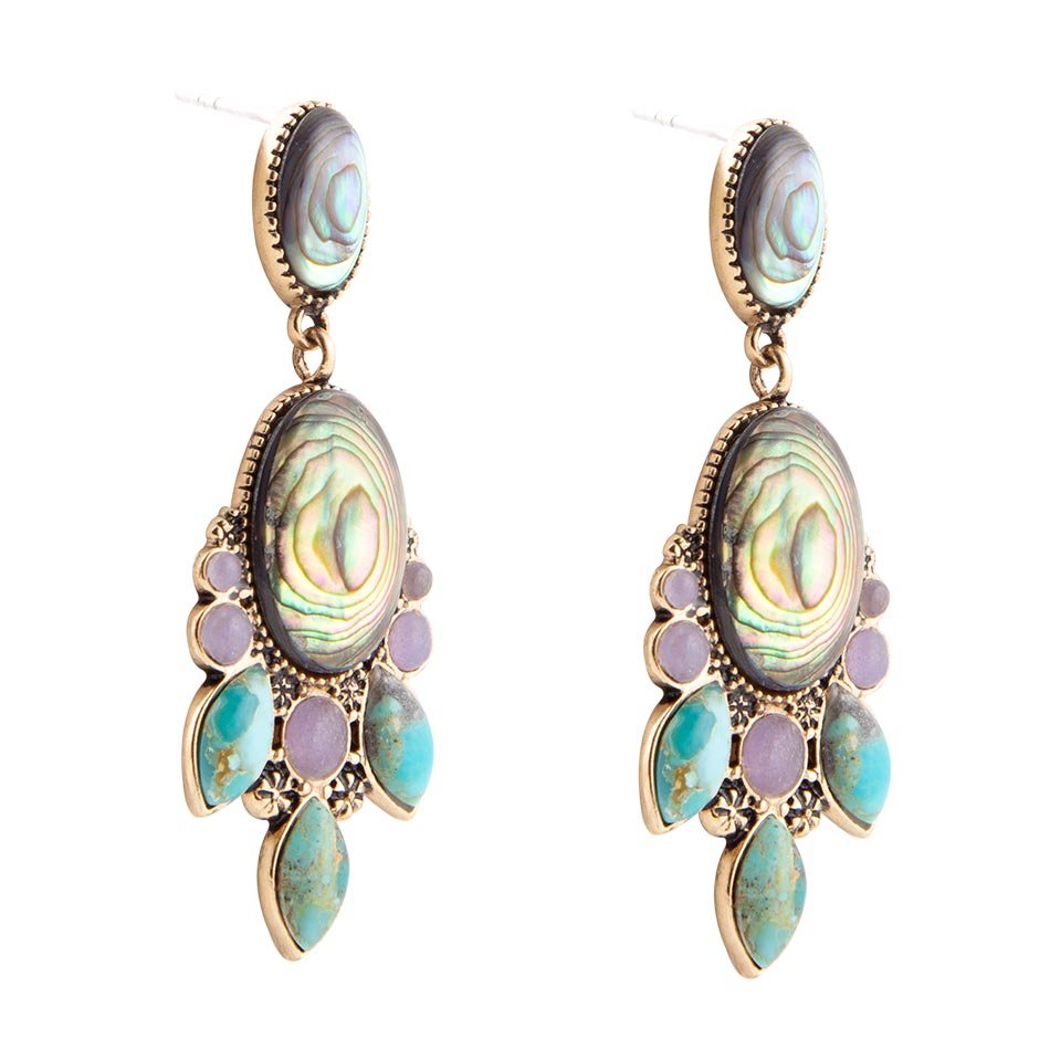 Regal Blue Abalone Mixed Stone Golden Statement Drop Earrings