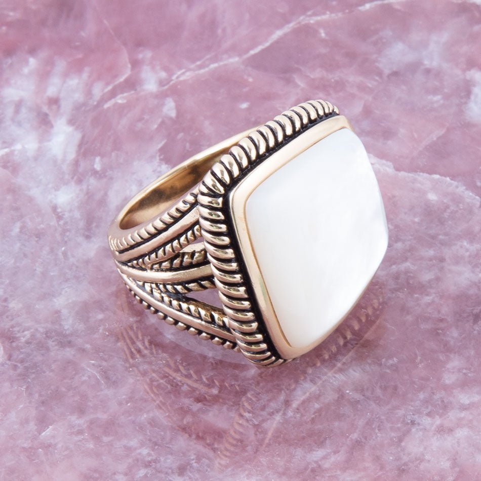 Roped White Mother of Pearl and Golden Statement Ring