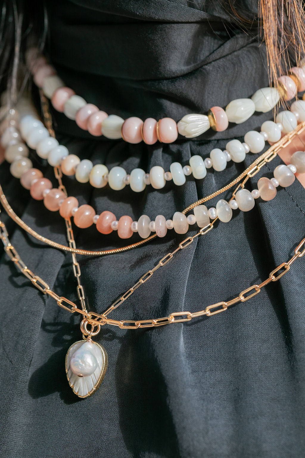 Pink Opal and Pikake Necklace - Aonani