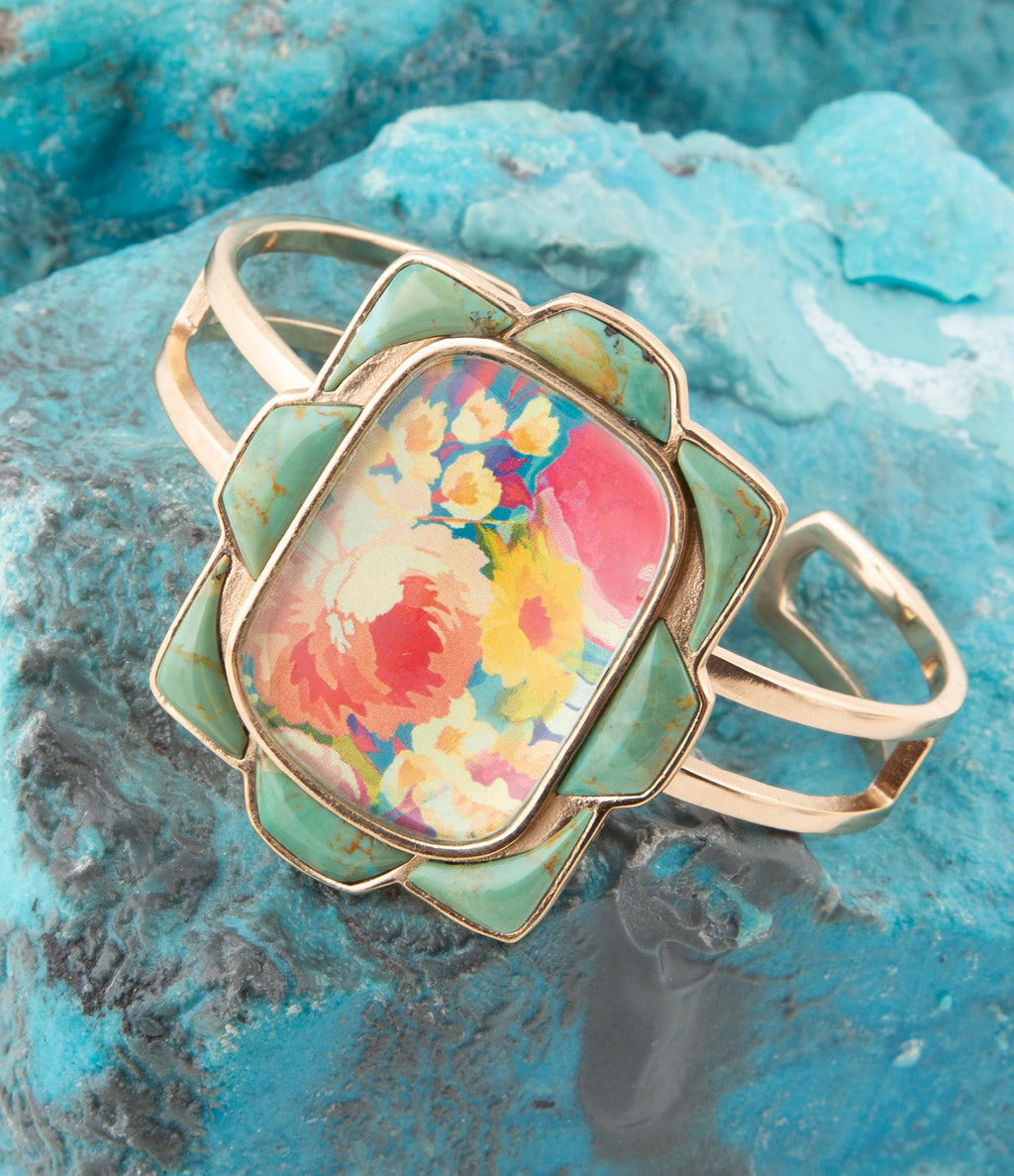Scenic Floral Blue Turquoise and Golden Cuff Bracelet