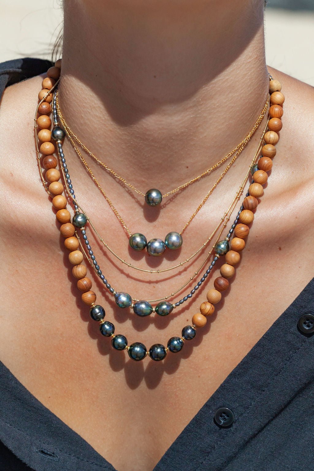 Seven Tahitian Pearl Sandalwood Necklace - Moana
