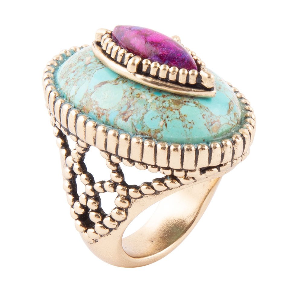 Stacked Stone Blue and Purple Turquoise Golden Ring