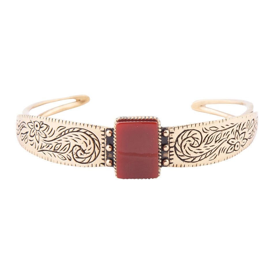 Stamped Orange Carnelian Golden Cuff Bracelet