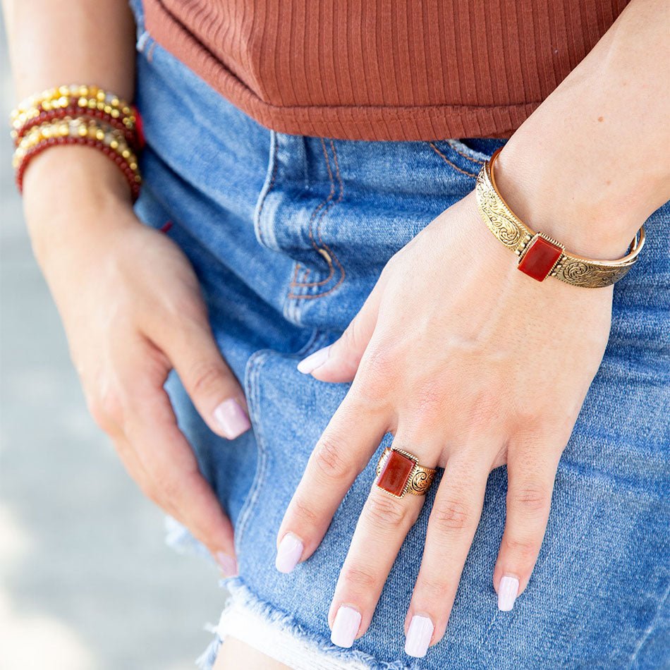 Stamped Orange Carnelian Golden Cuff Bracelet