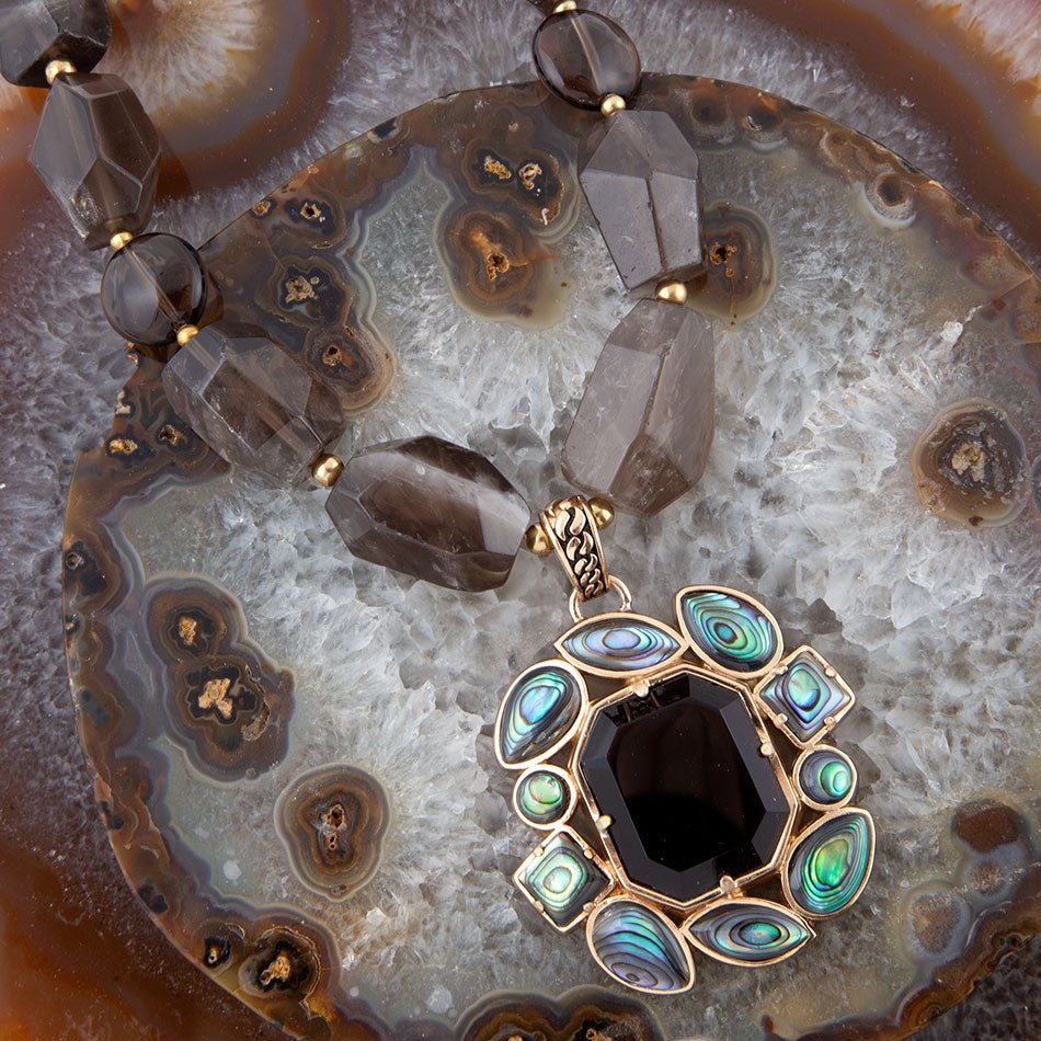 Tribecca Blue Abalone and Black Smoky Quartz Golden Statement Necklace