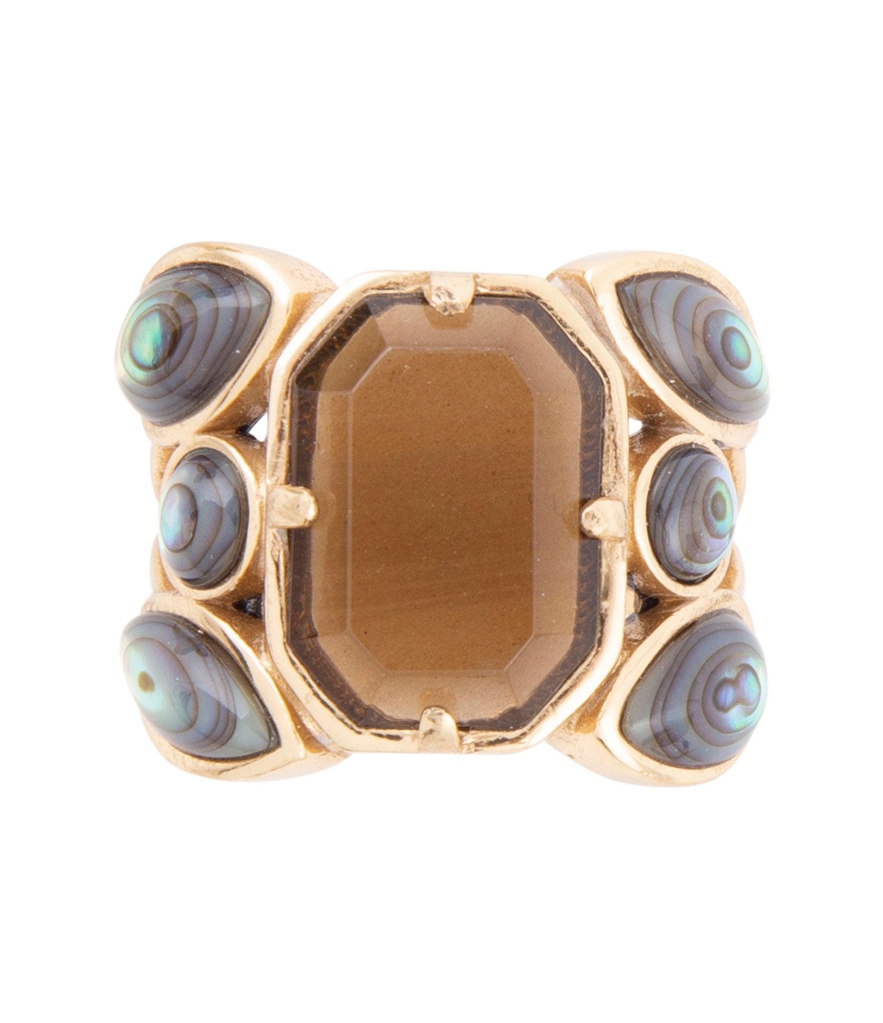 Tribecca Smoky Brown Quartz and Abalone Statement Golden Ring