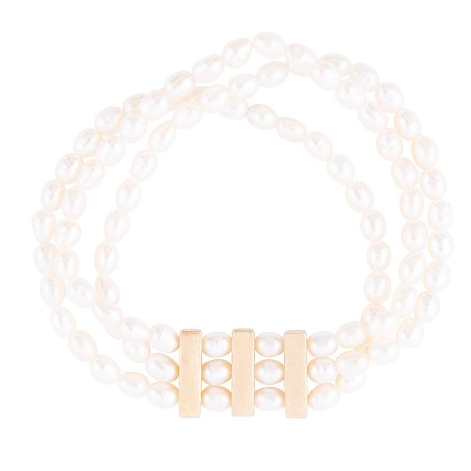 Triple Freshwater White Pearl Classic Golden Stretch Bracelet