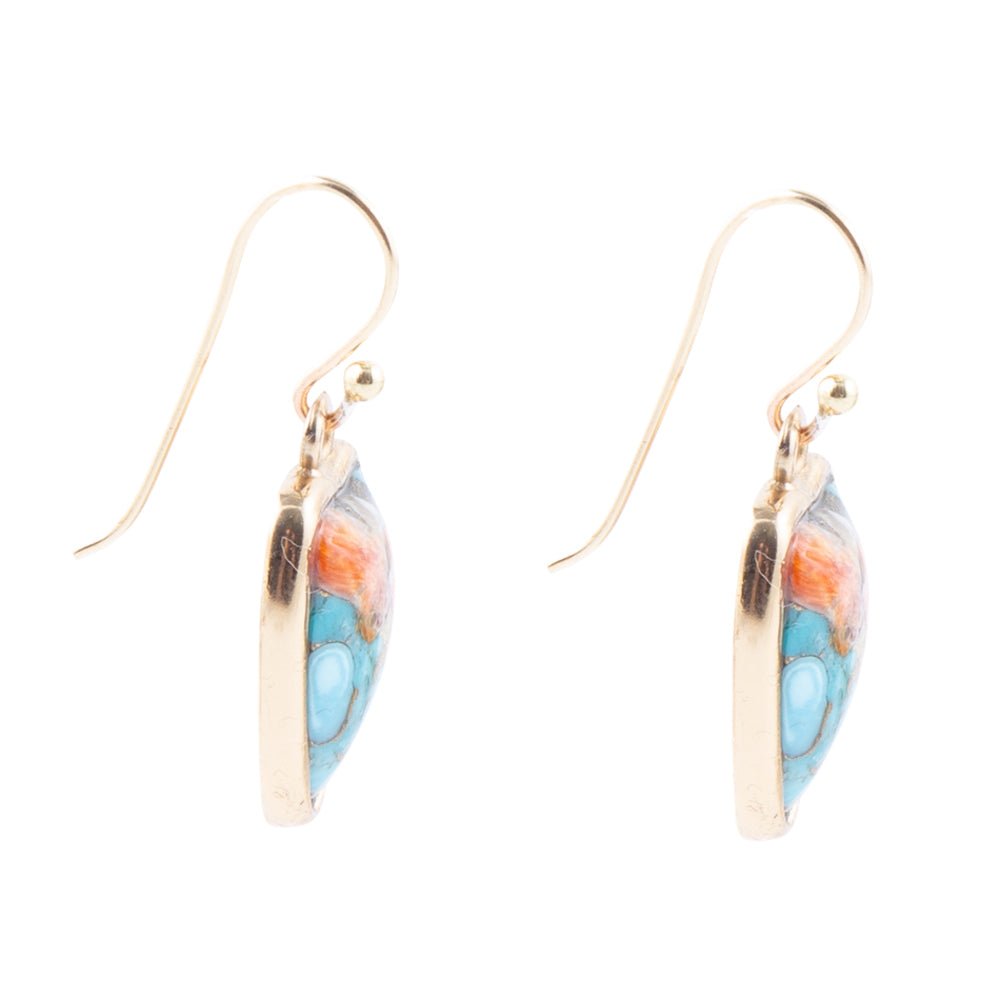 Blue Turquoise and Orange Spiny Oyster Matrix Golden Drop Earrings
