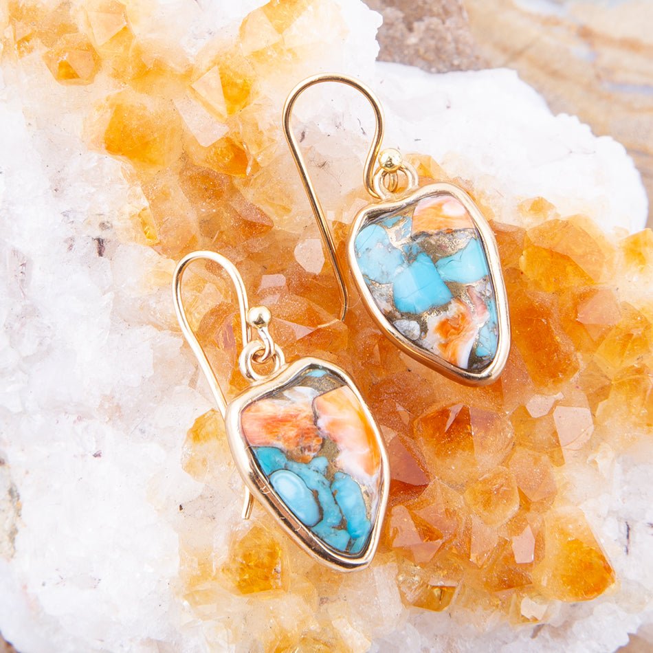 Blue Turquoise and Orange Spiny Oyster Matrix Golden Drop Earrings