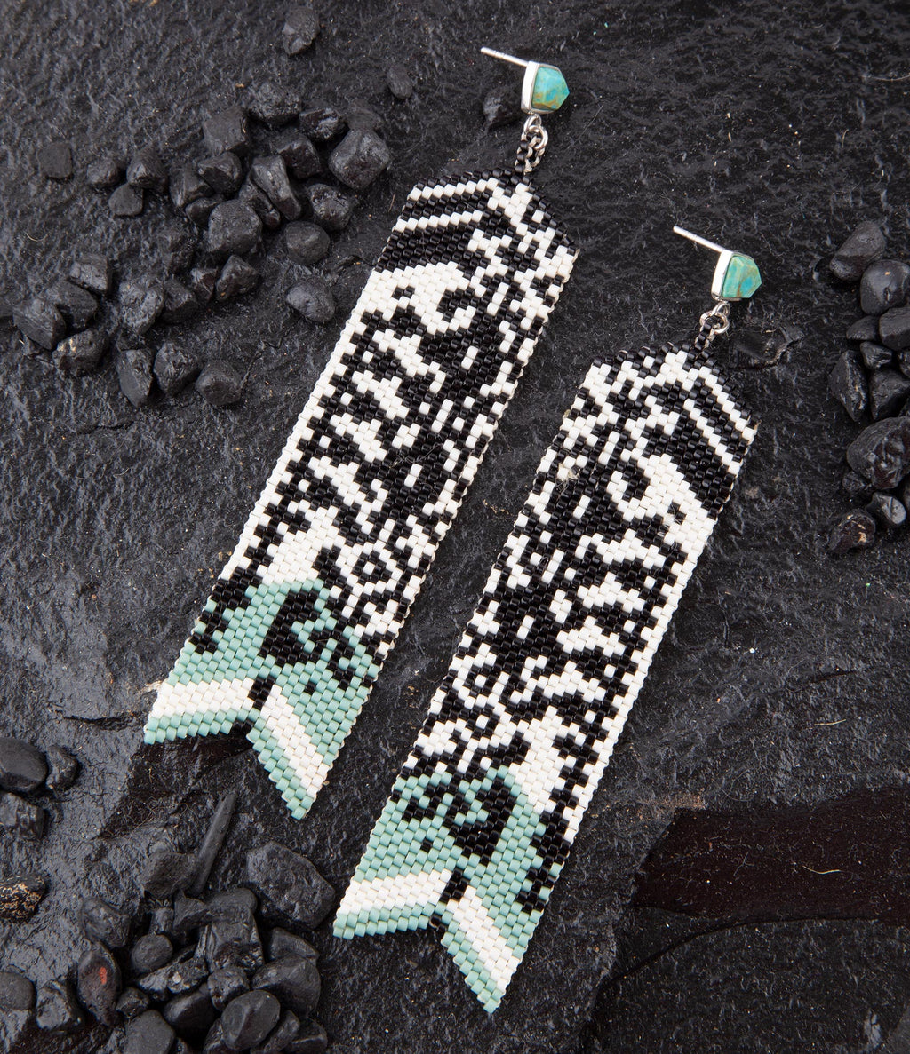 Turquoise Long Woven Seed Bead Earrings