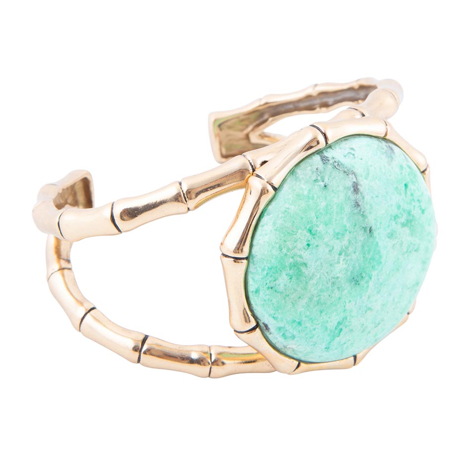 Vibrant Green Chrysoprase Golden Bamboo Statement Cuff Bracelet