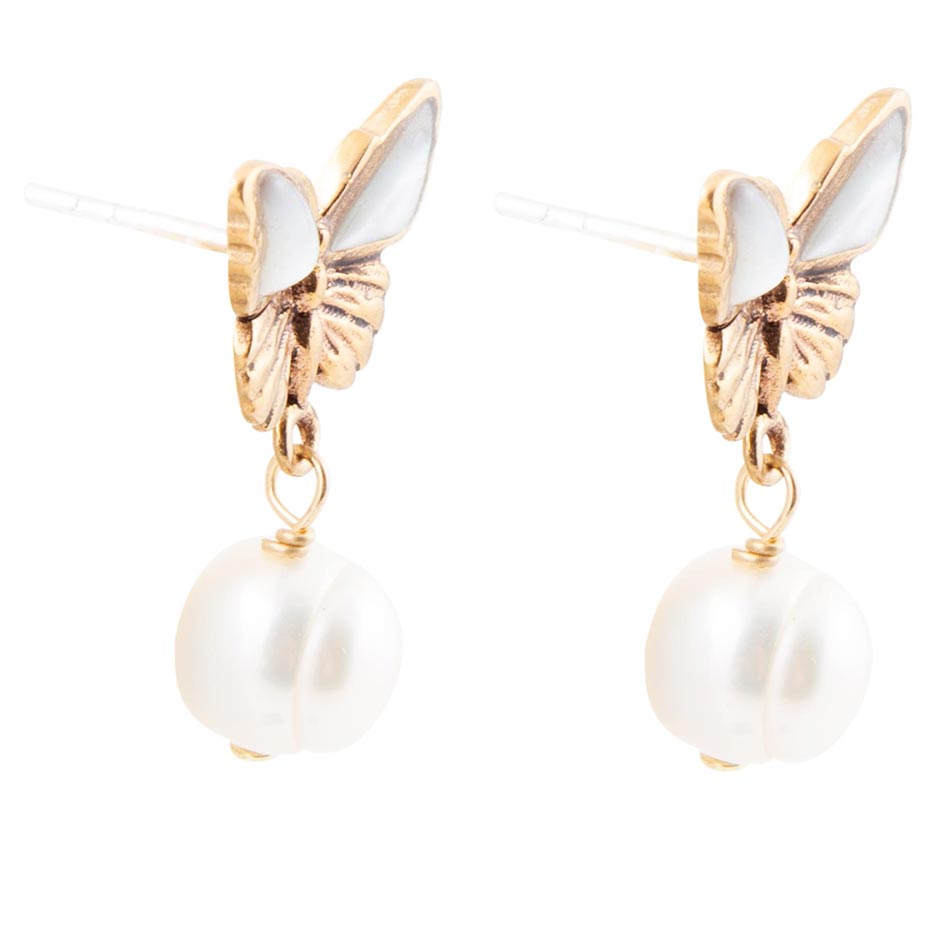 White Mother of Pearl Golden Butterflies Post Drop Earrings
