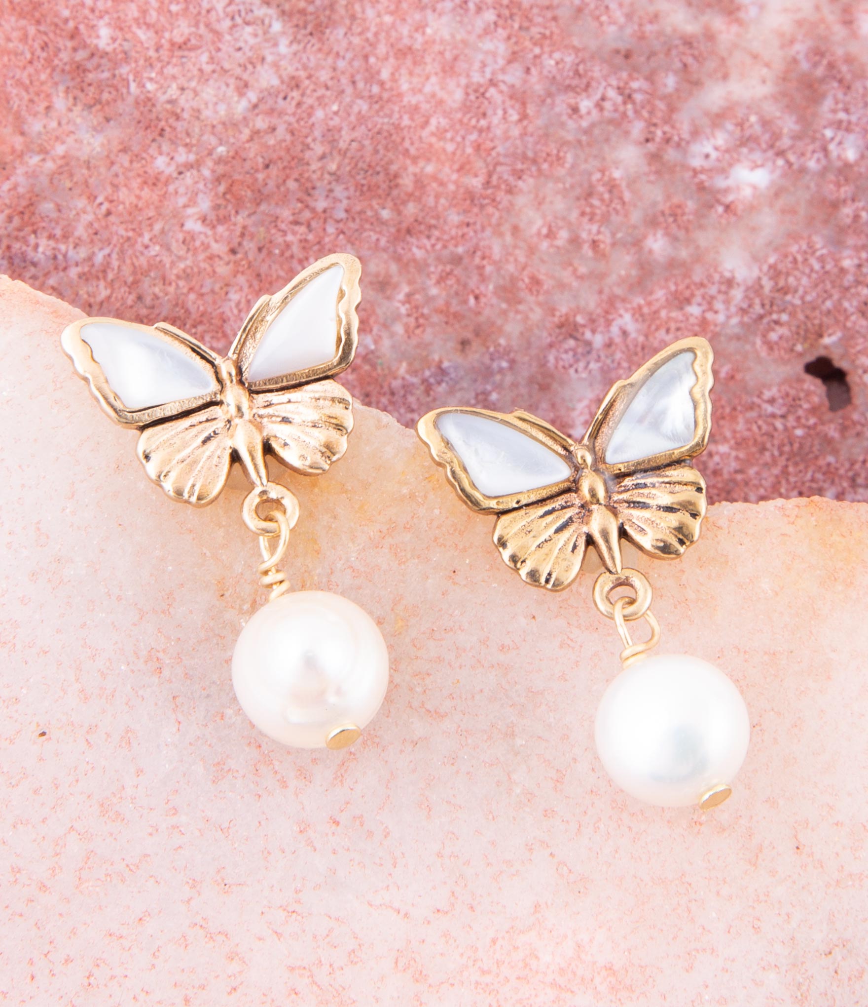White Mother of Pearl Golden Butterflies Post Drop Earrings