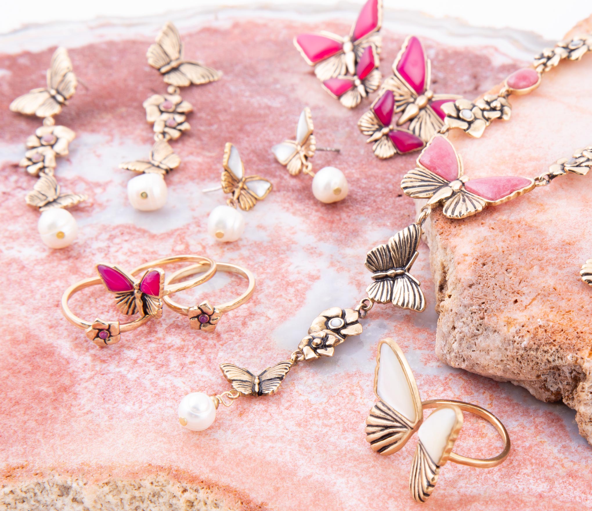 White Mother of Pearl Golden Butterflies Post Drop Earrings