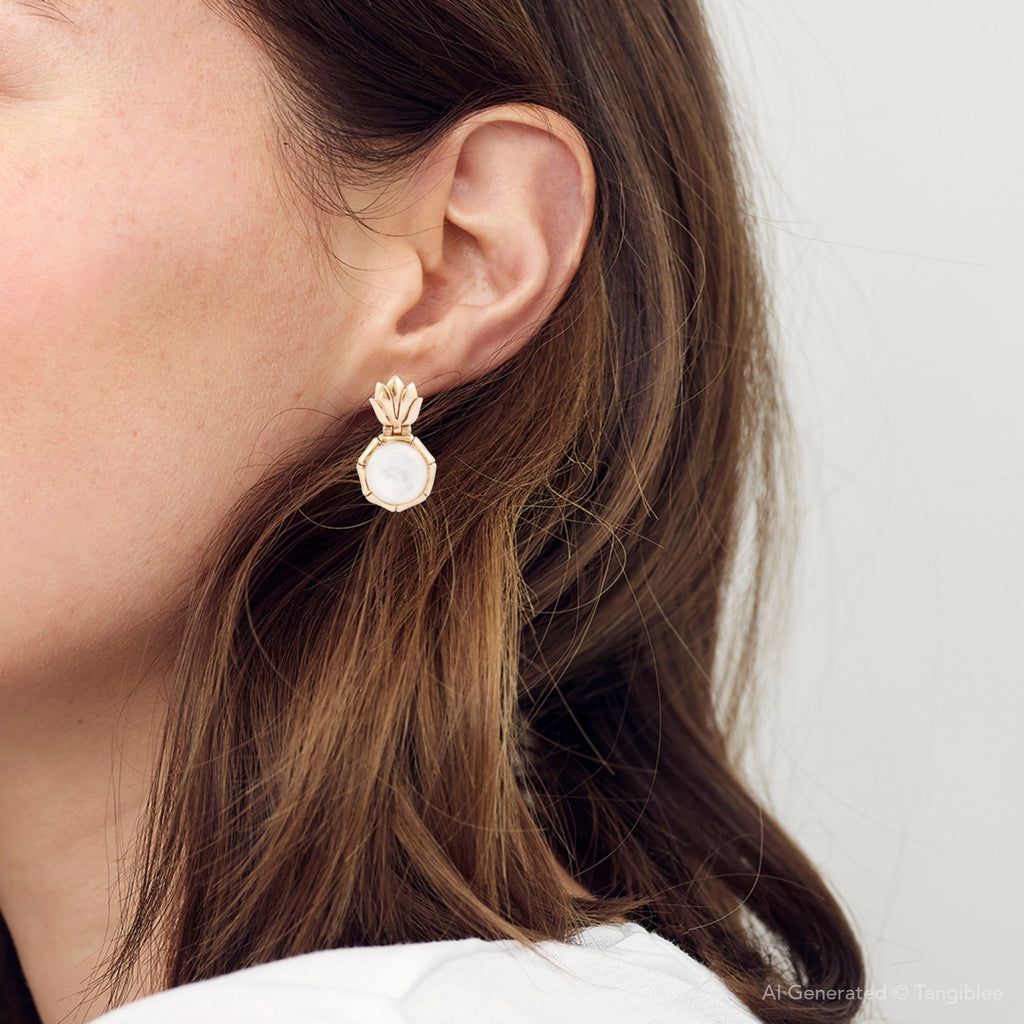 White Mother of Pearl Lotus Post Golden Drop Earrings
