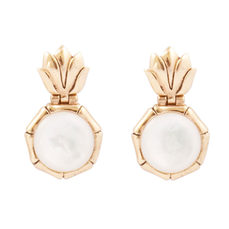 White Mother of Pearl Lotus Post Golden Drop Earrings