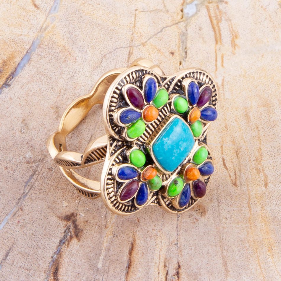 Zion Blue Turquoise Colorful Golden Cross Ring
